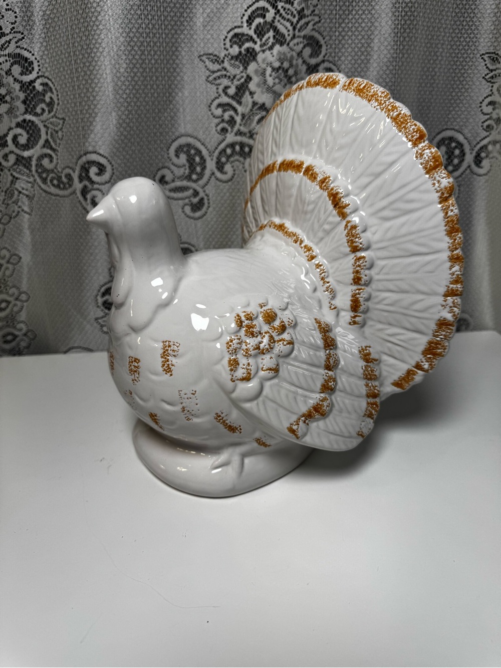 White Ceramic Turkey Figurine with Gold Accents - Decorative Home Art- 9” Tall